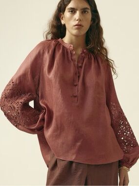 H&M EDITION NWT DUSTY RED LINEN BLOUSE WITH EYELET EMBROIDERY